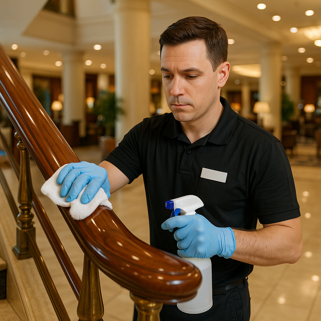 How to clean restore stairs, rails, and wood hand railings in busy areas